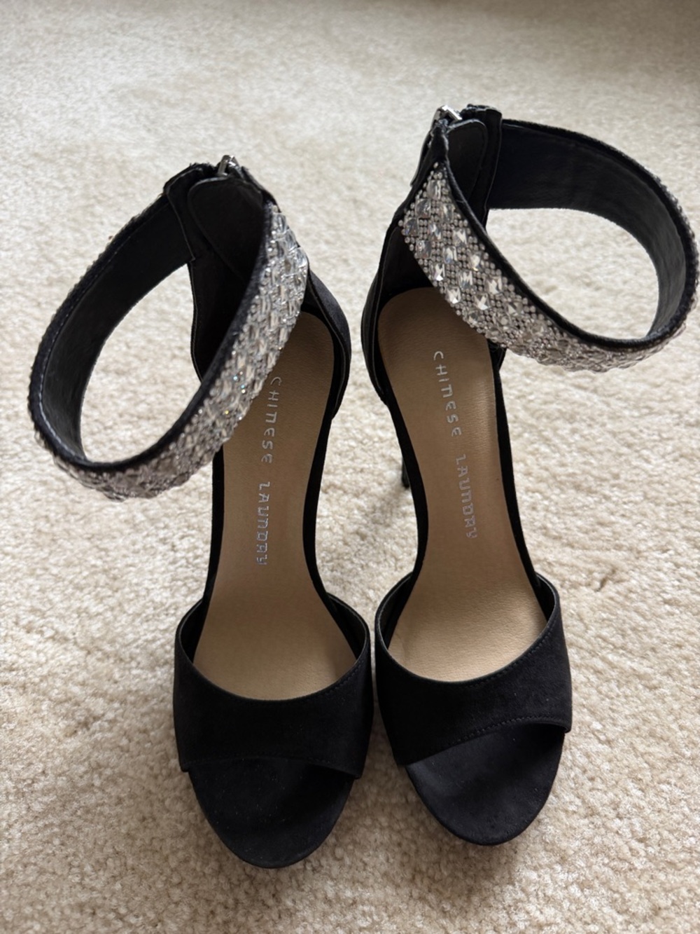 Chinese Laundry Z Baby Cales Micro Suede Black Heels w/ Embellished Ankle Strap.